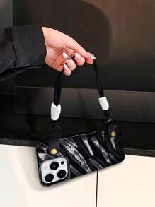 1pc Solid Black Wavy Texture Glossy Minimalist Phone Case With Wrist Strap, Compatible With IPhone 16/16 Pro Max/16 Pro/15/15 Pro Max/15 Pro/11/12/13/14/12 Pro Max/13 Pro/13 Pro Max/14 Pro/14 Pro Max, Protective Soft Phone Cover