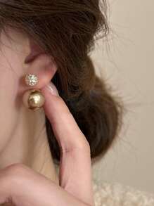1 Pair Elegant High-End Minimalist Champagne Pearl & Rhinestone Inlaid Earrings, Versatile For Daily Wear