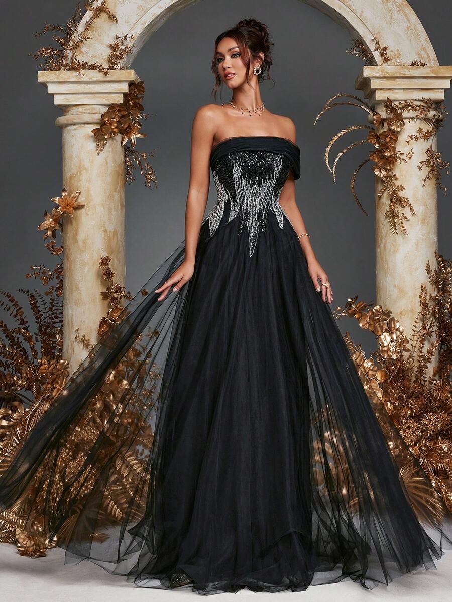 Women's Elegant Strapless Sequins Beads Black Formal Evening Gowns Dress, Beaded Gowns, Wedding Guest Dress Bridesmaid Dresses, For Dinner, Graduation, Festival, Homecoming, Wedding, Spring Summer Outfit, Party Dress, Formal Dress - Black - View 1