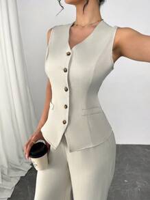2025 Europäischer & Amerikanischer Damen Einfarbiger Lässiger Pendler-Outfit, Ärmellose Einreihige Rückenfrei Krawatte Weste Kombiniert mit Hoher Taille Weite Hose, 2-teiliges Set