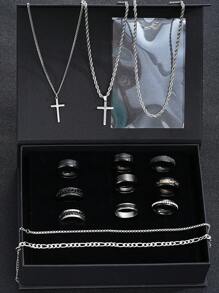 4-55 件休闲复古嘻哈不锈钢和皮革首饰套装，项链、手链、戒指、锆石耳环，适合男士、情侣、日常佩戴、约会、派对、父亲节礼物（无盒） - 彩色 - 查看 3