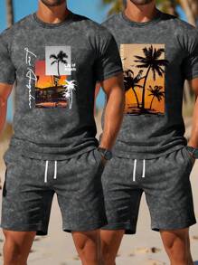 4 pièces/set T-shirt ample à manches courtes + short pour hommes, tenue de sport décontractée d'été, style rue, extérieur, randonnée, plage avec lettres, t-shirt à motif arbre de noix de coco et short à cordon de serrage à la taille