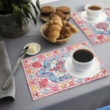 1 pieza/4 piezas/6 piezas Manteles individuales y manteles de lino estampado, decoración del hogar apta para comedor, fiesta, restaurante, hogar, multifuncional, de moda, primavera/verano