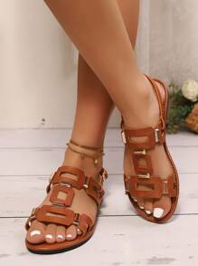 女士时尚平底方形扣装饰凉鞋，女士夏季沙滩凉鞋 - 棕色 - 查看 6