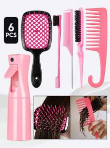 6/14件套卷发造型梳套装，包含：直发梳、空心梳、喷雾瓶、洗发梳、带钩宽齿梳、蓬松梳、尖尾梳、边缘梳（适用于粗细发质的边缘和后脑勺造型）、自然卷发造型工具以及各种美发配件。适用于理发店、美容院、旅行必备美发产品、护发用品和美发配件。 - 黑色+粉紅色 - 查看 4