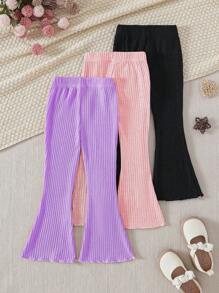 3pcs Girls Flare Leg Pants Set, Casual Comfy Knit Ribbed Material, Sweet Cute Flared Pants, Suitable For Spring/Summer - Purple - View 2