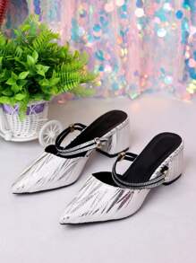 Sandalias de tacón alto con punta afilada plateada. Tira decorativa brillante + suela antideslizante. Esencial para mujeres de . Efecto adelgazante y aumento de altura de 5 cm. Sandalias para mujer de uso exterior. ¡Oferta especial por tiempo limitado!