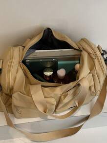 Fashionable Solid Color Unisex Large Capacity Multi-Pocket Handbag, Functional Shoe Compartment & Wet/Dry Separation Storage Bag, Versatile For Travel, Gym, Outdoor, Vacation - Khaki - View 6