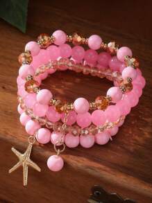 4pcs/Set Bohemian Ocean Beach Style Starfish Pendant Multi-Layer Beaded Asymmetrical Bracelets - Pink Beaded Starfish Bracelet - View 7