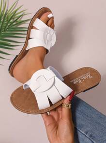 韩版休闲平底一脚蹬凉鞋，女式夏季露趾编织罗马凉鞋，时尚适合连衣裙、沙滩、公寓装，棕色 - 白色 - 查看 5