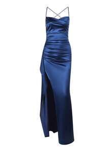 优雅性感缎面荷叶边修腰派对礼服、伴娘服、礼服