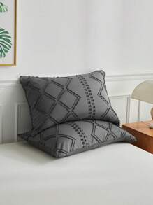 2/3 件深灰色几何条纹图案簇绒纹理涤纶羽绒被套，波西米亚风破旧别致床上用品套装，适合所有季节使用大号床（1 个羽绒被套 + 1/2 个枕套）