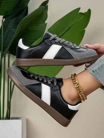 Spring New PU Splicing Upper Black&Gray Color Women Trainers Round Toe Casual Skateboard Shoes, College Style