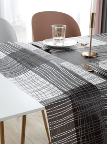 1 Piece Tablecloth With Geometric Pattern,140x220cm,Stain- And Water-Resistant Polyester,PVC And Non-Woven Fabric Tablecloth Printed In Black And White, Suitable For Kitchen, Living Room, Parties, Waterproof, Oil-Proof, Washable, Dust-Proof, To Decorate The Kitchen And Dining Table,Easy To Clean And Use,Rectangular Tablecloth,Modern Decoration For Dining Table, Tablecloth