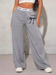 Women High Waisted Loose Leg Sweatpants With Pockets And Bowknot Graphic, Summer - Grey - View 3