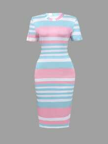 Đầm nữ cổ tròn tay ngắn kẻ sọc dáng ôm vừa vặn, thanh lịch cho mùa hè - Nhiều màu - Xem 3