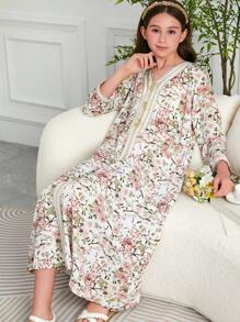 Tween Girls' Arabian Dubai Style Print Loose Long Dress/Robe - Multicolor - View 5