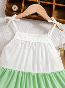 Girl's Sleeveless Contrast Color Flared Dress, Princess Spaghetti Strap Beach Dress For Summer - Green - View 3