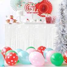 1 Pack Pink Foil Fringe Table Skirt, Pastel Color Pink/ White/ Yellow/ Green Metallic Tinsel Streamers Garland Banner Backdrop For Parade Float, Birthday, Thanksgiving, Christmas, Babyshower Party Table Decorations