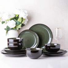 Dinnerware Sets For 4,Handcraft Stoneware Plates And Bowls Sets,Highly Chip And Crack Resistant | Dishwasher & Microwave & Oven Safe Dishes Set,Reactive Glaze Dinnerware- Service For 4 - Dreamy Moonlight-Green - View 1