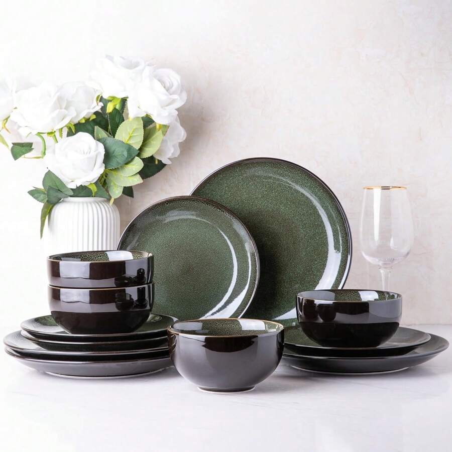 Dinnerware Sets For 4,Handcraft Stoneware Plates And Bowls Sets,Highly Chip And Crack Resistant | Dishwasher & Microwave & Oven Safe Dishes Set,Reactive Glaze Dinnerware- Service For 4 - Dreamy Moonlight-Green - View 1