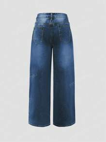Pantalones vaqueros de pierna ancha en azul deslavado y desgastado, estilo vacacional para mujer Y2K