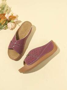 Women's Summer Open Toe Criss-Cross Sandals, Casual High Heel Hollow Platform Rhinestone Slide Slippers