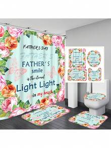 1pc/4pcs Father's Day Printed Multifunctional Decorative Bathroom Waterproof Shower Curtain With 12 Hooks, Bathroom Non-Slip Mat, U-Shaped Floor Mat And Round Toilet Seat Cover, Bathroom Set For All Scenarios Back To School