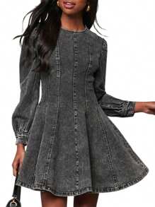 Women Autumn Short Denim Dress Long Sleeve O Neck Solid Color Smocked Waist A-Line Dress - màu đen - Xem 2