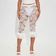 Women Cropped Lace Capri Pants Sexy See Through Lace Floral Leggings Shorts Slim Fit Bowtie Side Pedal Pushers Coquette Tight Bottoms - 白色 - 查看 2