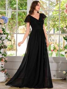 雪纺简约性感深 V 领褶饰紧身派对婚纱、伴娘礼服