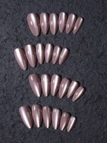 24片/套 Y2K 亮面杏仁形亚克力磁性猫眼美甲贴纸，杏仁形美甲设计，完美贴合假指甲，包含：1片果冻胶和1个指甲锉，浅粉色猫眼美甲，适合女性和女孩日常佩戴或参加锐舞派对的美甲用品 - 巧克力棕 - 查看 3