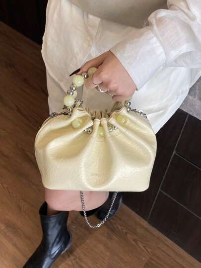 迷你褶皱云朵图案手提包，优雅气质，圆形珍珠设计时尚单肩包和斜挎包，适合通勤和工作