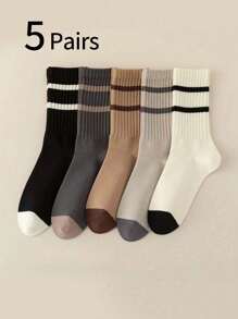 10/5 Pairs Youth Striped Color Block Long Crew Socks, Breathable Sports Tall Socks, Spring & Autumn Korean Style - Multicolor - View 12