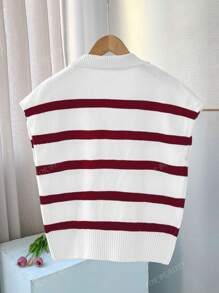 VOOR SCHOONHEID Lente en zomer Nieuwe stijl Revers Retro Gestreepte Kleurblok Mouwloze Gebreide Trui voor Vrouwen, Zakelijke Casual Losse Casual Pullover Top Voor Woon-werkverkeer Zomer Tops Terug naar school