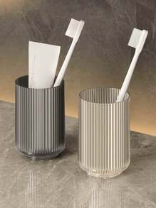 2 件坚固透明塑料牙刷杯 - 时尚浴室杯，带罗纹设计，适合家庭和酒店的现代简约装饰，轻奢透明冰川纹漱口杯，水波纹牙刷杯，家用洗漱杯家居浴室装饰秋季装饰返校
