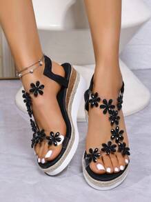 Women's Elegant Comfort Platform Sandals, Fashionable Versatile Chunky Heels For Summer - Black - View 3