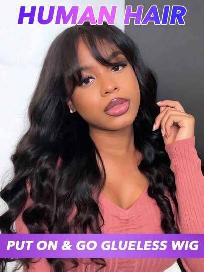 Body Wave Human Hair Wig With Bangs 180% 200% 250% Density Brazilian Virgin Hair, Natural Color,Comfortable & Breathable,Glueless No Lace, Machine Made, Easy Put-On & Go With Bangs For Women 8- 28 30 Inch
