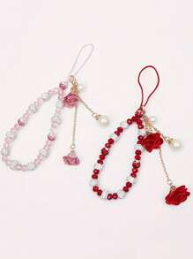 1 pieza Correa de muñeca decorada con flor de cristal de lujo y cuentas, muñequera corta con rhinestones para mujer, accesorio para teléfono, cámara, USB, llaves, estuche de teléfono, regalo para madre, familia, amigos, cumpleaños, vacaciones
