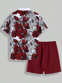 Men's Summer Suit Collar Burgundy Peony Print Drawstring Double Oblique Pocket Shorts Set