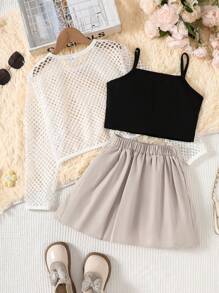 8-12 Years Old Girls Fashion Casual Sports Set: Mesh Jacket & Printed Camisole & Mini Skirt 3-Piece Outfit, Suitable For Sports And Leisure