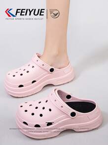 FEIYUE. 1 Pair Women's Pink Slip-On Perforated Shoes, Spring & Summer New Thick Sole Elevated Versatile Breathable Sandals, Suitable For Outdoor Activities, Hiking, Travel, Casual Wear