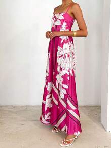 Women's Long Cami Dress Stripe/Dot Print Spaghetti Strap Backless A-Line Flowy Dress - 玫紅色 - 查看 2