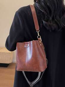 High-End Versatile Bucket Bag, Fashionable Solid Color Shoulder Bag, Retro Niche Design, Women's Shoulder Bag, Suitable For Work, Commuting, Daily Outings, Shopping And Dates - Brown - View 2
