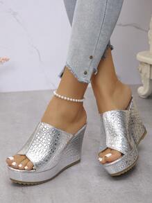 1 Pair Women Platform Slip-On Sandals, Chunky Wedge, Open Toe, Metallic Color, Lightweight Comfortable Fashionable Versatile