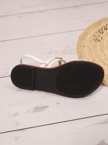 Sandal Datar Modis Wanita Musim Semi/Panas Bentuk Persegi Panjang dengan Hiasan Gesper, Sandal Pantai Kasual Wanita, Sandal Gladiator - Putih - View 8