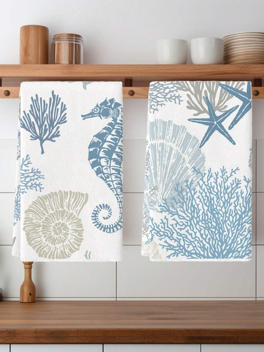 2Pcs Kitchen Towels Starfish Seahorse Coral Ocean Farmhouse Dish Towel Kitchen Dishwashing Hand Tea Towel Kitchen Dry Dish Towel Suitable For Kitchen Restaurant Dining Table - Baby Blue - View 1