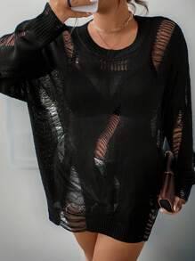 Suéter casual de mujer talla grande de unicolor, cuello redondo, hombros caídos, manga larga y efecto desgastado, adecuado para primavera, verano y otoño - Negro - Ver 1