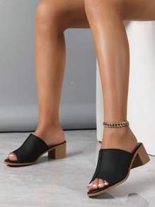 女士日常通勤工作舒适粗跟中跟一脚蹬凉鞋，休闲可调节踝带露趾凉鞋 - 黑色 - 查看 2