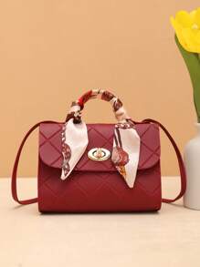 Women Embossed Plaid Small Handbag, Scarf Wristlet Purse For Daily Outing - Burgundy - View 2